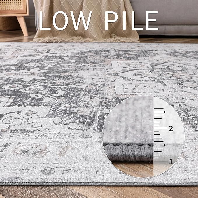 GENIMO Runner Rug 2x7, Non Slip Vintage Machine Washable Hallway Runner, Low Pile Rugs for Living Room, Entryway, Bedroom, Kitchen and Corridor, Gray