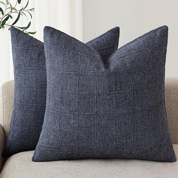 Foindtower Set of 2 Decorative Linen Check Throw Pillow Covers Neutral Farmhouse Vintage Cushion Covers Modern Boho Home Decor for Sofa Chair Couch Bedroom Living Room Outdoor,18×18 Inch,Navy Blue