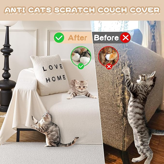 MYSKY HOME Couch Cover Sofa Covers for 3 Cushion Couch, Dog Couch Covers Protector for Sectional Sofa, Non Slip Soft Sofa Slipcover Modern Furniture Protector for Pet, 91" x 134", Oat