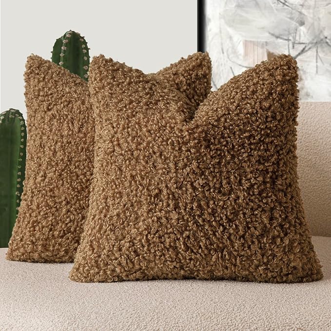 Foindtower 2 Pieces 20x20 Inch Dark Bronze, Faux Fur Throw Pillow Cover Accent Sherpa Furry Pillow Covers Fuzzy Soft Pillowcases Cozy Sheepskin Decorative Fleece Cushion Case for Bed Couch Living Room