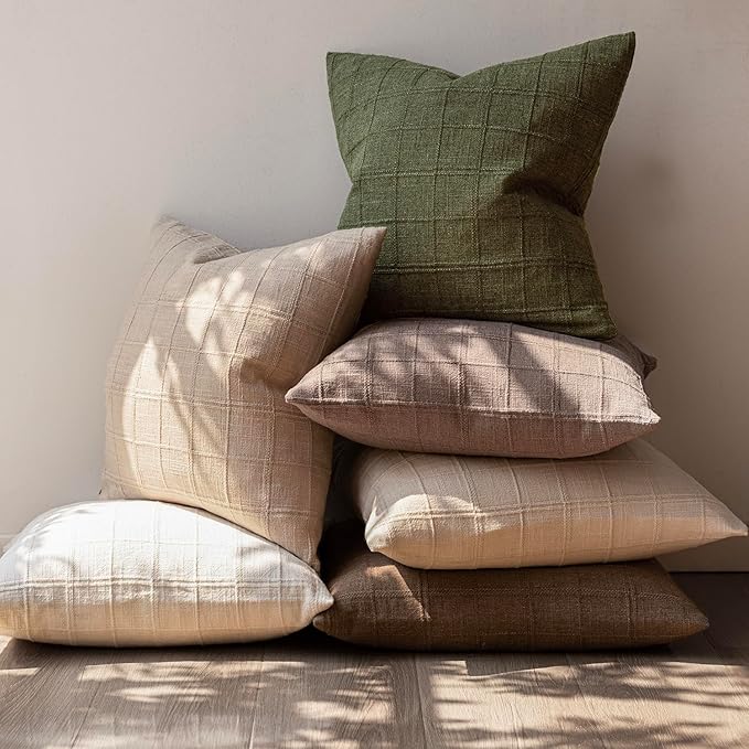 Foindtower Set of 2 Decorative Linen Check Throw Pillow Covers Neutral Farmhouse Vintage Cushion Covers Modern Boho Home Decor for Sofa Chair Couch Bedroom Living Room Outdoor,18×18 Inch,Olive Green