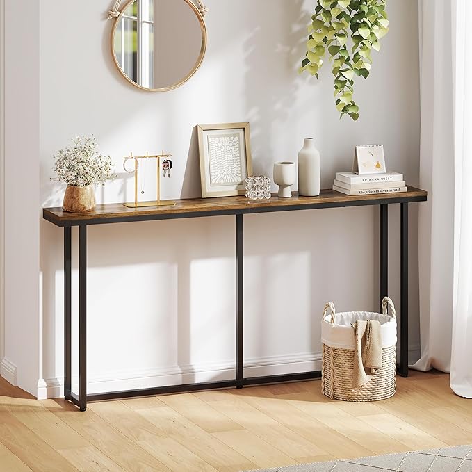 Yaheetech Narrow Console Table with Sturdy Metal Frame, 71 Inch Extra Long Entryway Sofa Table for Behind Couch, Hallway, Living Room, Rustic Brown