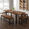 Feonase 5-Piece Dining Table Set for 4-8 People, 63" Extendable Kitchen Table with 2 Benches and 2 Square Stools, Mid-Century Modern Wooden Dining Room Table, Space-Saving, Walnut