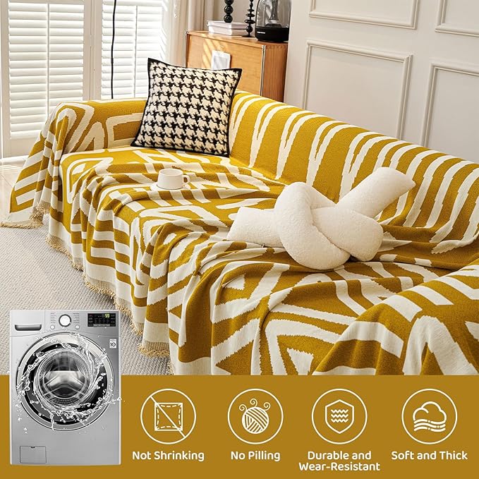 STACYPIK Boho Couch Cover, Ginger Yellow Sofa Cover for L Shaped Pet-Friendly, Reversible Sofa Protector for 3 Cushion Couch, Anti Slip Sofa Cover for Dogs, Washable Jacquard Loveseat Covers-71X134IN