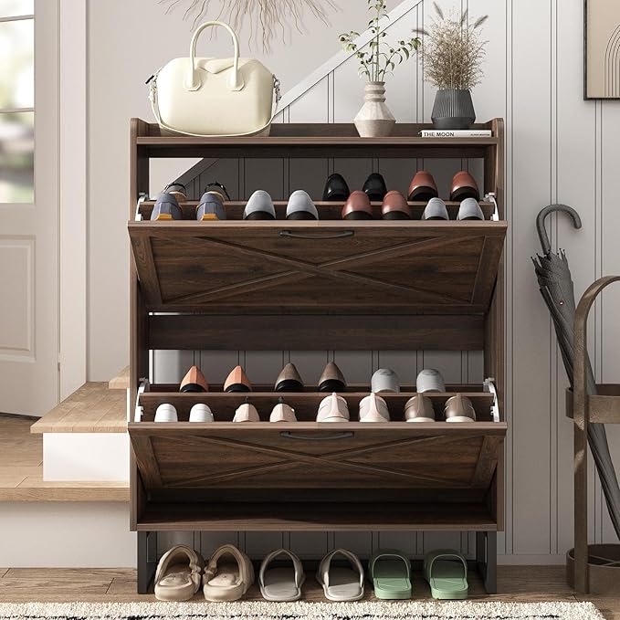 Maupvit Shoe Storage Cabinet with 2 Flip Drawers, Freestanding Organizer with Metal Legs for Entryway, Narrow Shoe Rack Cabinet, Dark Walnut