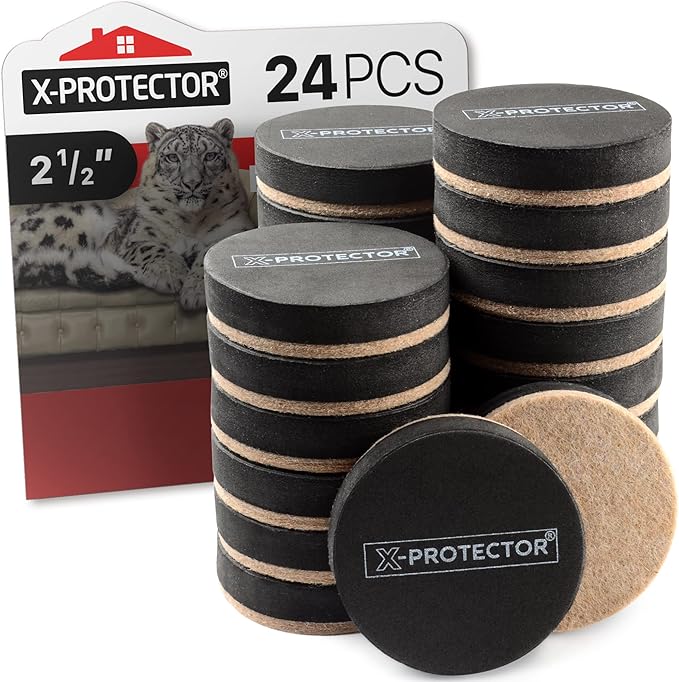 Felt Furniture Sliders Hardwood Floors X-PROTECTOR – 24 PCS 2 1/2 inch Furniture Sliders – Heavy Duty Felt Sliders Hard Surfaces – Move Your Furniture Easily & Safely!