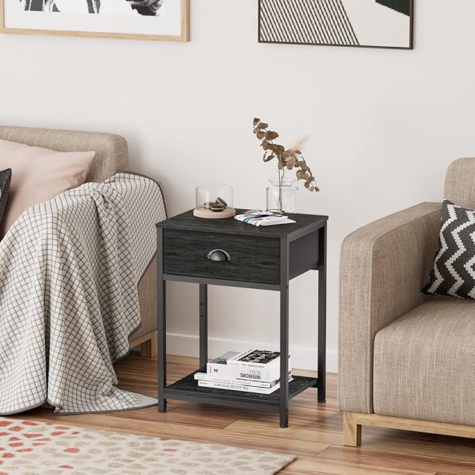 Nightstands Set of 2, Industrial End Table with Fabric Drawer&Storage Shelf, Small Bedside Table Organizer for Small Space for Living Room, Tall 23.6" Night Stand for Bedroom, Black Oak