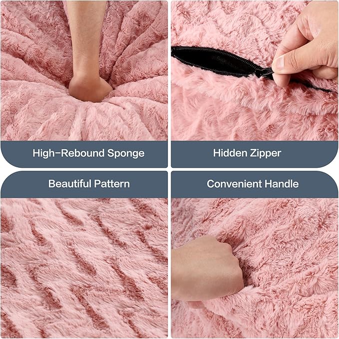 3ft Bean Bag Chairs for Adults Large Beanbag Chair with Chevron Plush Fur Cover Big Bean Bag Chair for Living Room Bedroom Dorm (Pink)