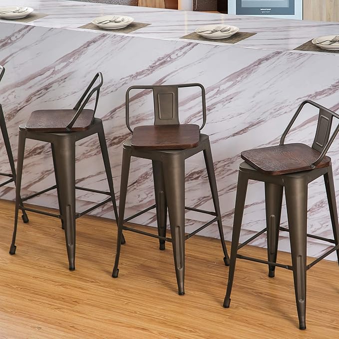 30 Inch Swivel Bar Stools Set of 4 with Backs Counter Height Industrial Metal Barstools Island Bar Chairs for Home Kitchen Dining Room (Swivel 30 inch,Rusty Wooden)