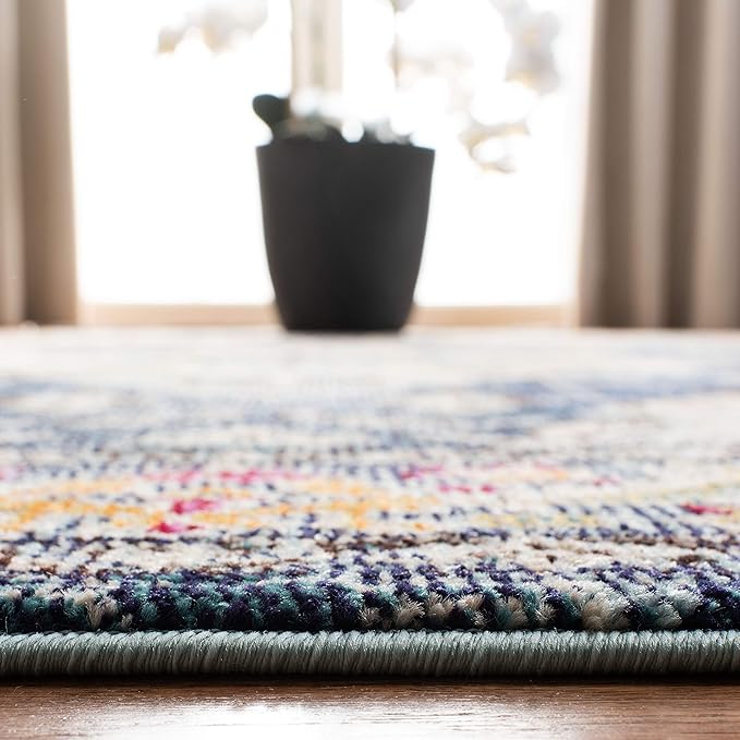 SAFAVIEH Monaco Collection Accent Rug - 4' x 5'7", Navy & Light Blue, Medallion Distressed Design, Non-Shedding & Easy Care, Ideal for High Traffic Areas in Entryway, Living Room, Bedroom (MNC243N)