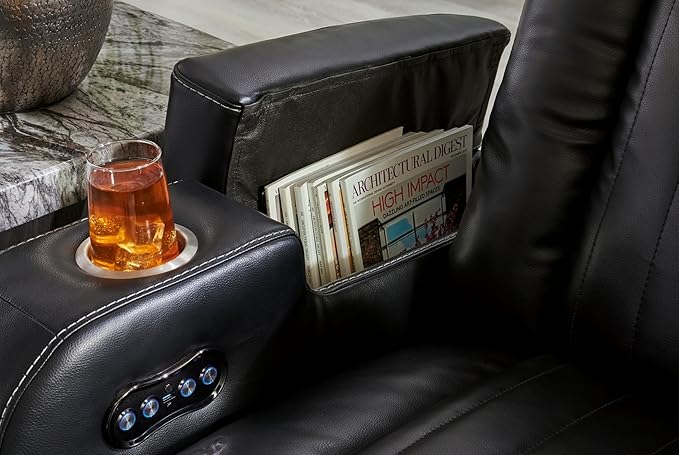 Signature Design by Ashley Caveman Den Modern Faux Leather Power Reclining Sofa with Adjustable Headrest, Drop Down Table, Electrical Outlets and LED Reading Lights, Black