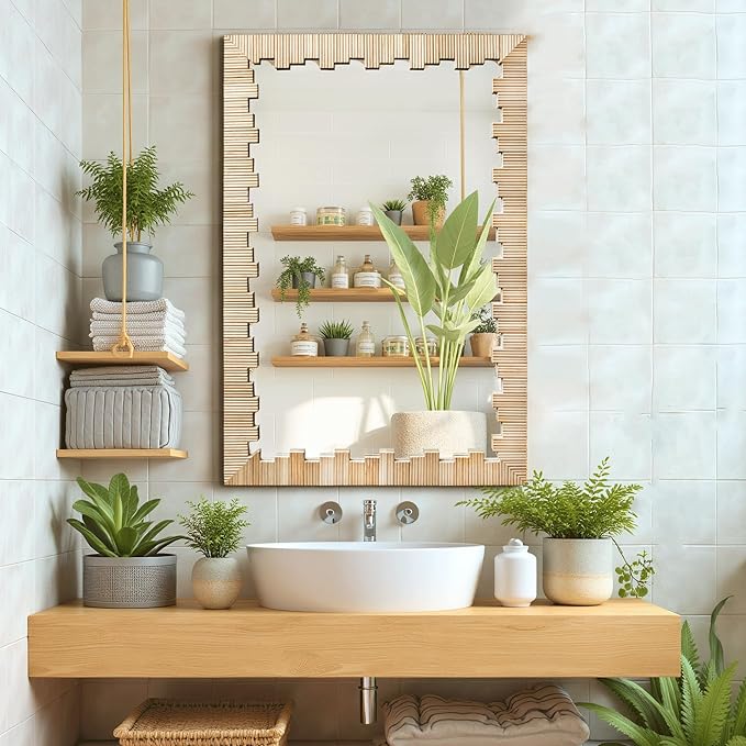 Boho Wall Mirror with Wood Frame, 30"x20" Faux Rattan Decorative Vanity Mirror for Bathroom, Living Room, Bedroom, Entryway(Rectangle)