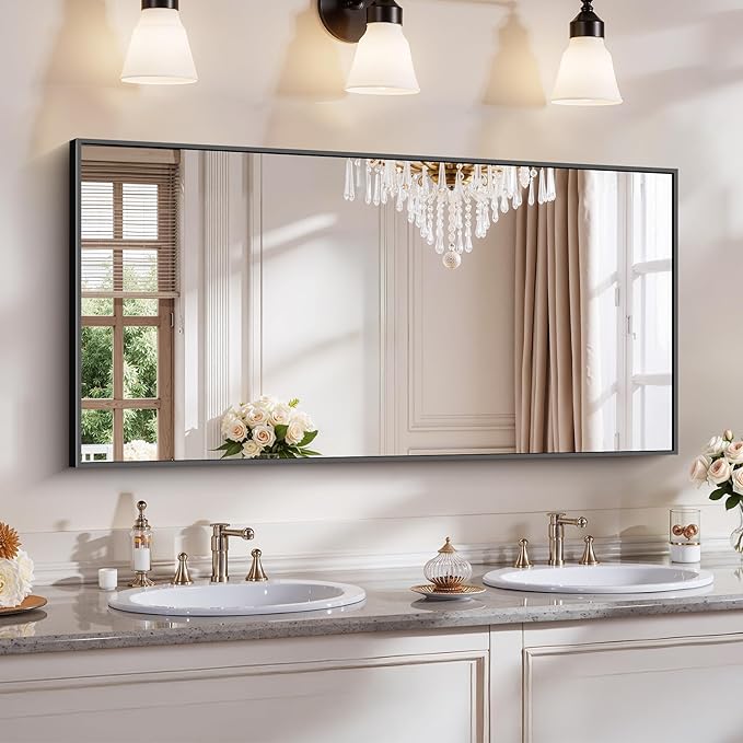 YIROMAN Bathroom Mirror 48"x24", Large Matte Black Bathroom Mirror for Over Sink with Aluminum Frame, Rectangular Vanity Mirror with Right Angle, Wall Mirror Hangs Horizontal or Vertical, Shatterproof