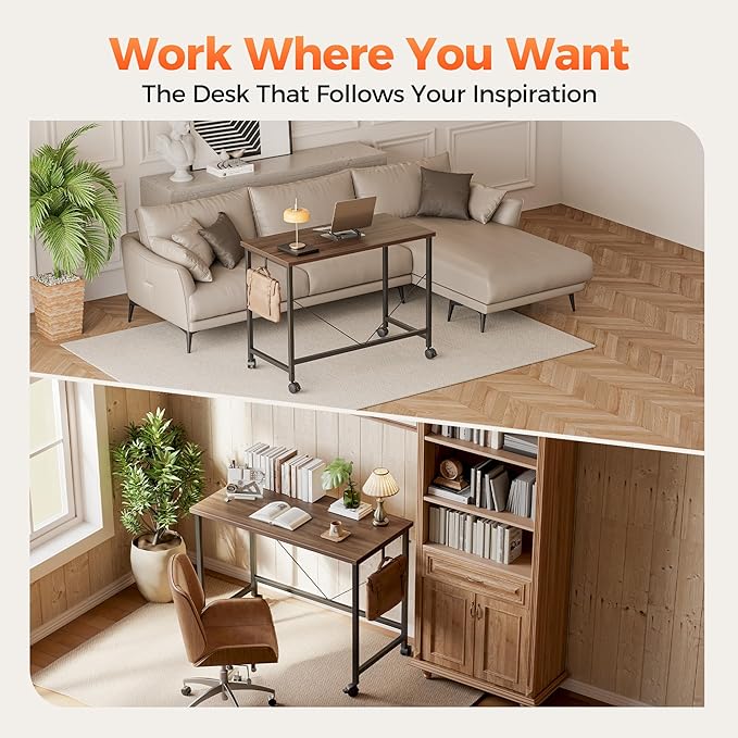 Computer Desk, Gaming Desk for Small Spaces, Modern Simple Style Table for Home Office, Study Student Writing Table (Caster, Walnut, 40 inch)