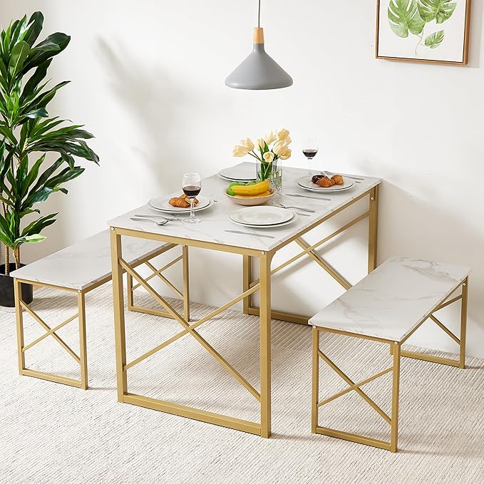 VECELO Kitchen Table with 2 Benches for 4, Wood Dining Room Dinette Sets with Metal Frame for Breakfast Nook and Small Space