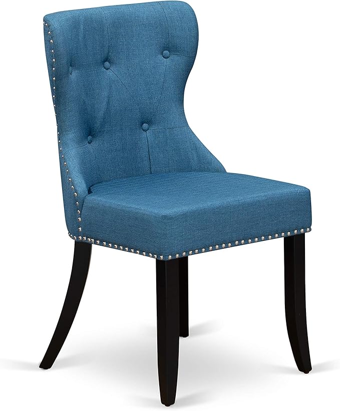 East West Furniture SHSI5-BLK-21 5 Piece Dining Table Set for 4 Includes a Round Kitchen Table with Pedestal and 4 Blue Linen Fabric Parsons Dining Chairs, 42x42 Inch, Black