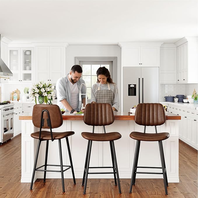 24-Inch Leather Bar Stools Set of 3, Counter Height Barstools with High Backrest，Bar Chairs for Kitchen Island with Heavy Duty Metal Legs, Dark Brown
