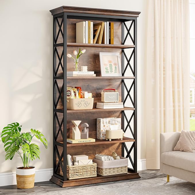 Tribesigns 6-Tier Bookcase, 71 Inches Industrial Bookshelves and Bookcases, Floor Standing 5 Shelf Display Storage Shelves Tall Bookcase for Home Office, Living Room, Bed Room, 2 Pcs