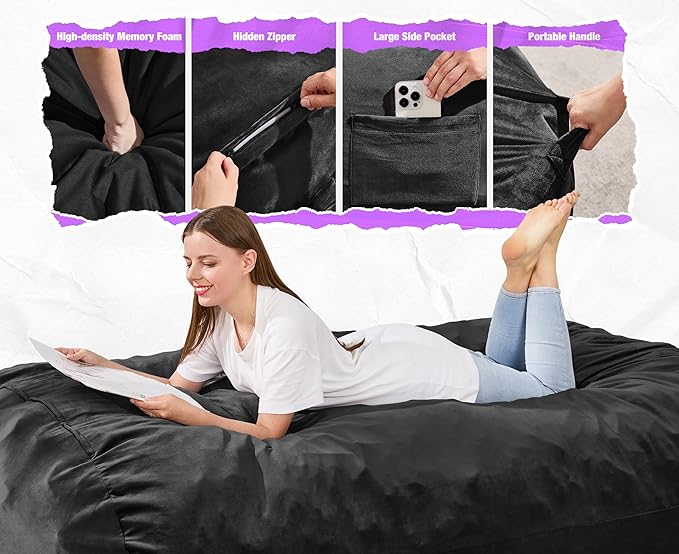 Hobestluk 6FT Bean Bag Chair Large Beanbag Lounger with Removable Cover Adult Bean Bag Chair with Portable Handle Desgin for Living Room Bedroom (Black, 6FT)