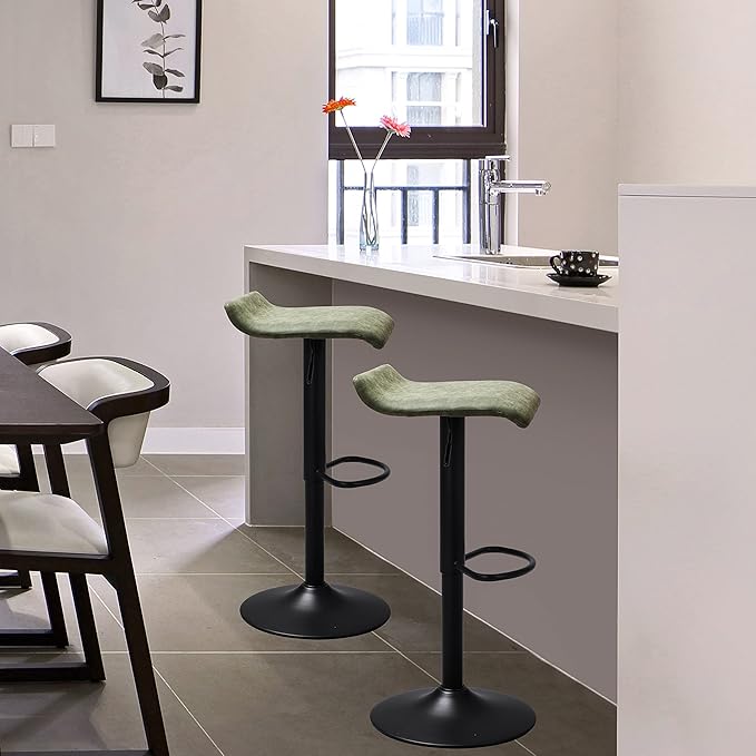 Finnhomy Bar Stools Set of 2 Counter Height, Swivel Barstools with Footrest and Backless, Height Adjustable Modern Bar stools for Kitchen, Vintage Leather, Retro Green