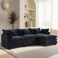 Furniliving 112‘’ L-Shaped Sofa, Luxury Chenille Modular Sectional Couches with Ottoman, Upholstered Deep Seat Sleeper Sofa with Memory Foam and Waist Pillows, Black