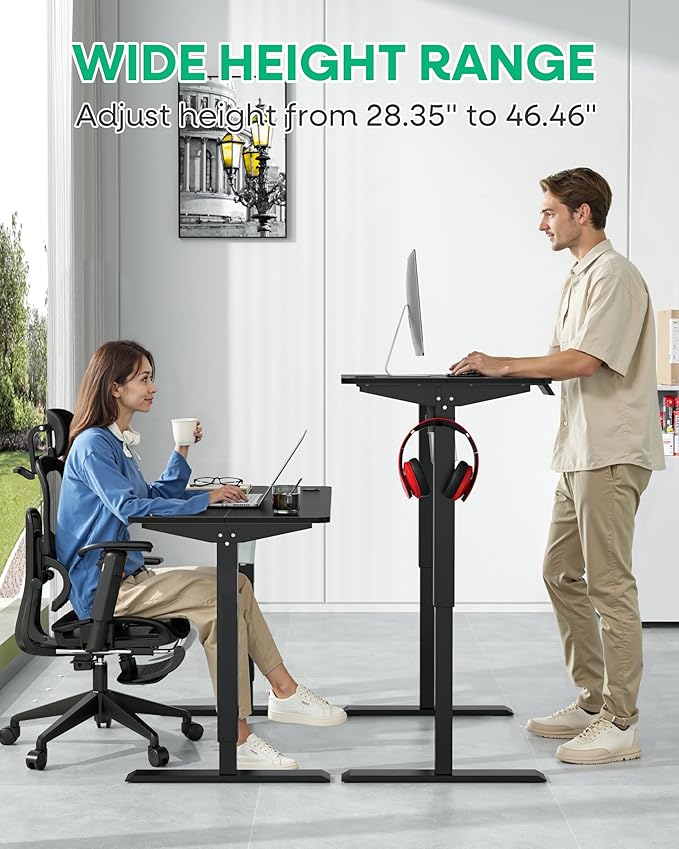 VECELO Electric Standing Desk Adjustable Height, 48 x 24 Inch Computer Desk with Headphone Hook, Memory Preset Gaming Desk, Dual-Motor, Easy Assemble for Home, Office, Black