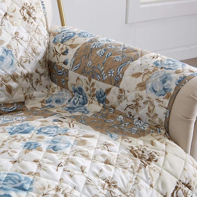 Great Bay Home Reversible Floral Patchwork Furniture Protector Scalloped Edge Stain Resistant Printed Furniture Protector Maribel Collection (Sofa, Taupe/Blue)