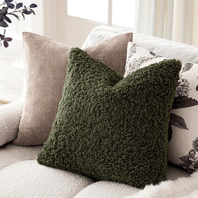 Foindtower 2 Pieces 18x18 Inch Olive Green, Faux Fur Throw Pillow Cover Accent Sherpa Furry Pillow Covers Fuzzy Soft Pillowcases Cozy Sheepskin Decorative Fleece Cushion Case for Bed Couch Living Room