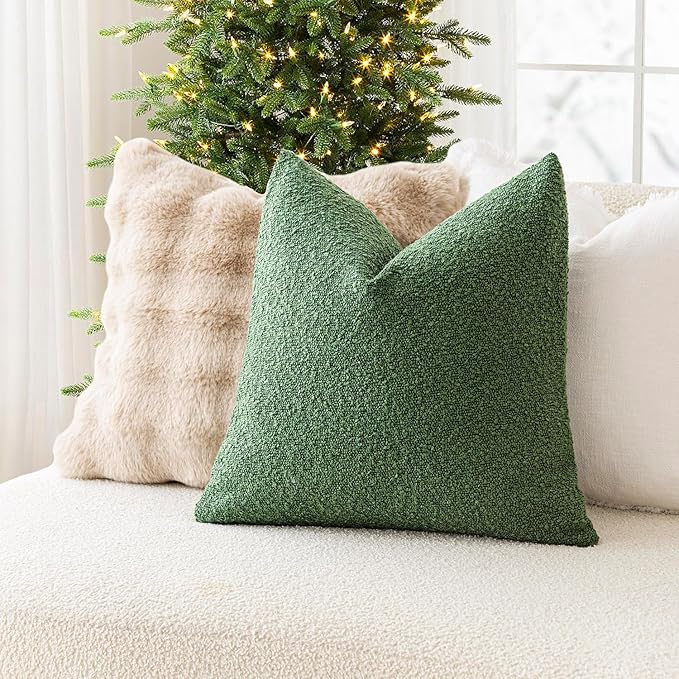 Foindtower Pack of 2, Decorative Textured Boucle Throw Pillow Covers Accent Solid Pillow Cases Cozy Soft Couch Cushion Case for Chair Sofa Bedroom Living Room Home Decor 22 x 22 Inch Hunter Green