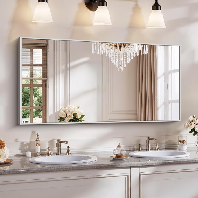YIROMAN Bathroom Mirror 48"x24", Large Brushed Silver Bathroom Mirror for Over Sink with Aluminum Frame, Rectangular Vanity Mirror with Right Angle, Wall Mirror Hangs Horizontal or Vertical
