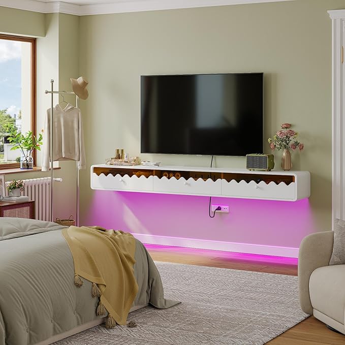 Floating TV Stand, 86IN Fully-Assembled Wall Mounted Wave Glass with Flip-Down Door & Drawers, Modern Media Entertainment Console Under TV Shelf for Livingroom