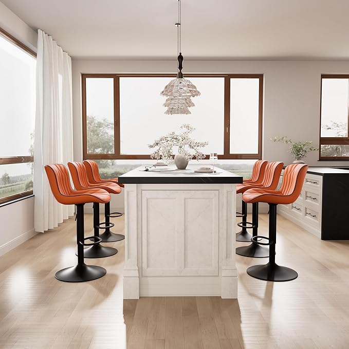 YOUNIKE Orange Bar Stools Set of 6 Modern Swivel Counter Height Bar Chair with Back Adjustable Kitchen Island Faux Leather Padded Barstools taburetes de bar Breakfast sillas para barra de cocina 6PCS