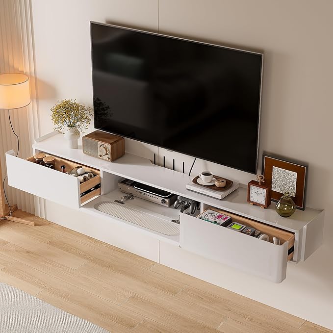 Floaticase Floating TV Stand, 78IN Fully Assembled Hign Gloss Wall Mounted TV Console with Flip-Down Door & Drawers for Livingroom, Bedroom