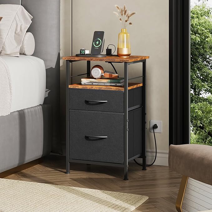 WLIVE Nightstand with Charging Station, Night Stand with 2 Fabric Drawers, Bedside Table, Small Dresser for Bedroom, Side Table with USB Ports and Outlets, Black and Rustic Brown