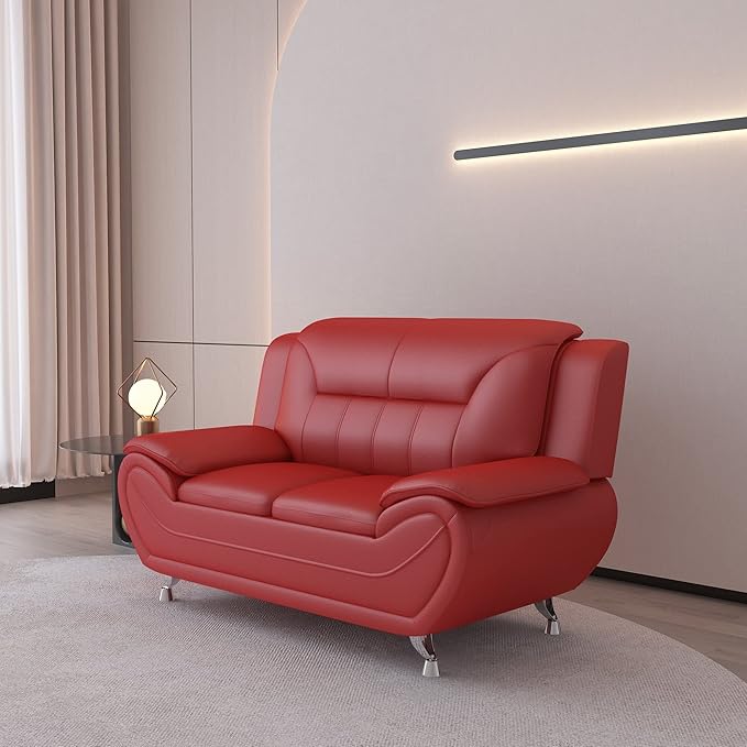 Container Furniture Direct Michael Modern Faux Leather Upholstered Stainless Steel Legs Living Room Loveseat, Persian Red