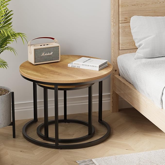 Smuxee Nesting Coffee Table Set of 2, 23.6" Round Coffee Table Brown Wood with Adjustable Non-Slip Feet, Industrial End Table Side Tables for Living Room Bedroom Balcony Yard