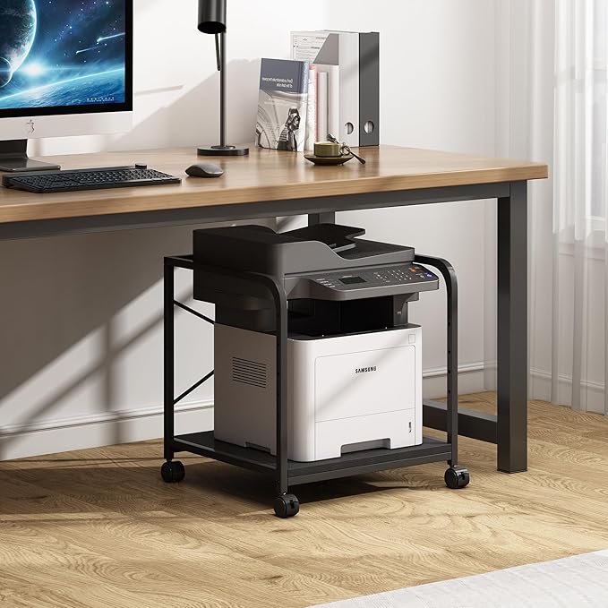 2 Tier Under Desk Printer Stand with Storage, 20 Inches Deep Large Printer Table with Height Adjustable Shelf, Rolling Printer Cart with Wheels for Home Office - Black