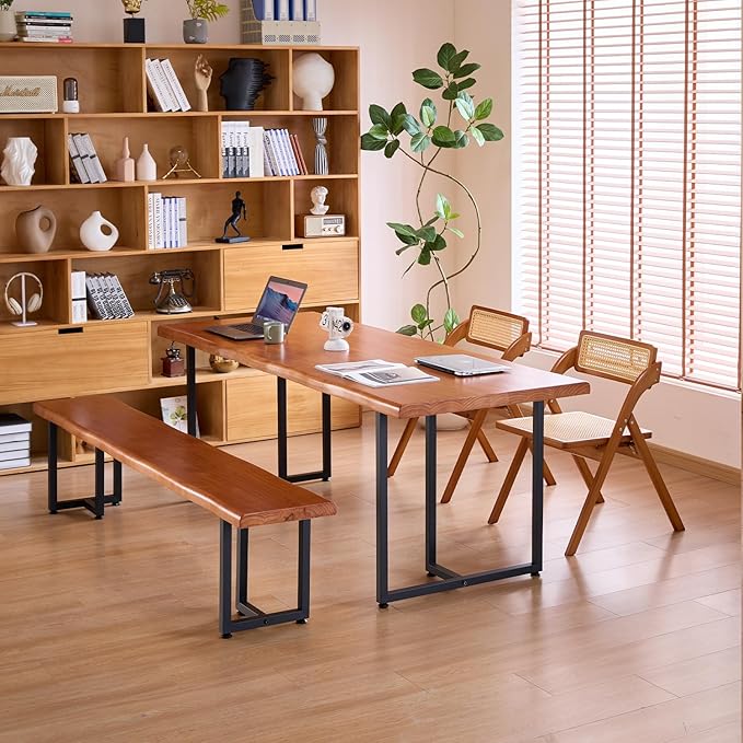 Durable Solid Wood Top Bench with Metal Triangular Legs – Stylish Long Dining Bench for Home, Office, Restaurant & Patio (Wooden Brown Bench, 78.74in)