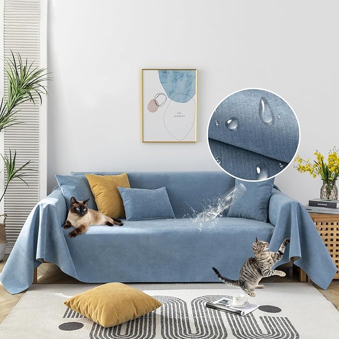 STACYPIK 100% Waterproof Blue Couch Cover for Pets, Sectional L Shape Sofa Cover for 2 Cushion Couch, Anti-Cat Scratch Furniture Protector Cover, Anti Slip Sofa Throw Cover for Dogs Kids-71x90IN
