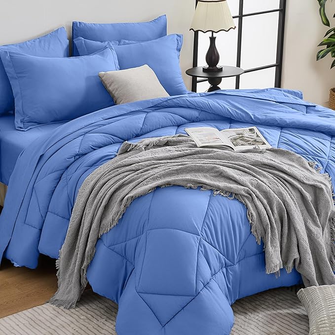 HEVUMYI Royal Blue Queen Comforter Set - 7-Piece All Season Bed in a Bag Queen, Ultra Soft Bedding Set with Comforter, Flat Sheet, Fitted Sheet, Pillowcases, Pillow Shams