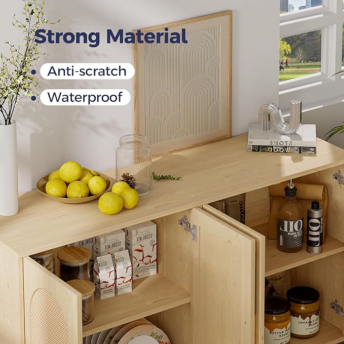 Buffet Cabinet with Storage, KitchenSideboard Cabinet with 4 Rattan Decorated Doors,Modern Accent Credenza Rattan Cabinet for Entryway,Natural