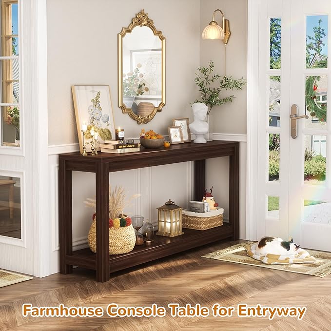 47" Farmhouse Wood Entryway Table Narrow Console Table with Storage Behind Couch Sofa Table with Shelves Entry Way Tables with Open Storage, Easy Assembly, Black Walnut