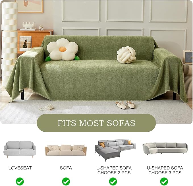 STACYPIK Christmas Matcha Green Sofa Cover Chenille Couch Covers Herringbone Sofa Covers for 3 Cushion Couch Thick Couch Covers Blanket Wear-Resistant Furniture Cover for Kids Dogs Decor-91X134IN