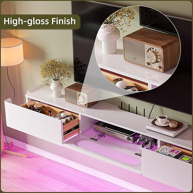Floaticase Floating TV Stand, 55IN Fully Assembled Hign Gloss Wall Mounted Entertainment Center with Flip-Down Door & Drawers, Under TV Shelf with Large Storage for Living Room, Bedroom