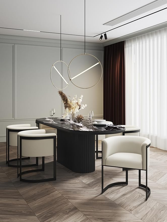 Manhattan Comfort Corso Faux Leather Upholstered Dining Chair, Barrel-Style Foam Padded Seat, Unique Geometric Metal Frame, Fully Assembled Accent Furniture, Cream