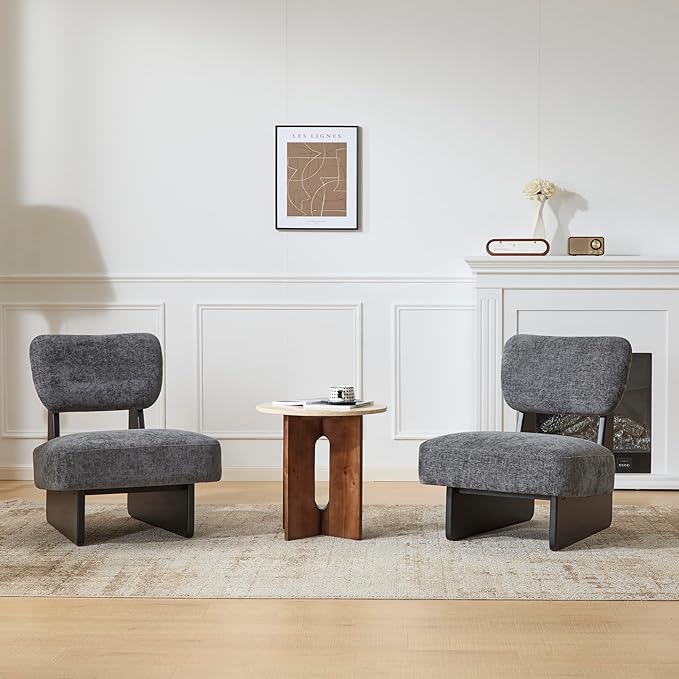 Christopher Knight Home Mores Low Profile Accent Chair Set of 2, Modern Living Room Armless Lounge Chair, Fabric Comfy Reading Chair for Bedroom, Wooden Frame and Thick Padded Seat,Black+Charcoal Gray