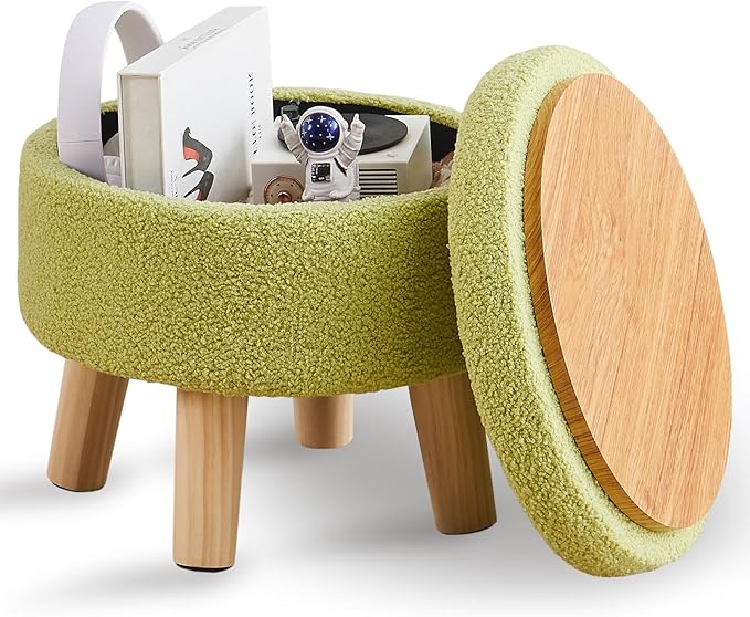 Wimarsbon Storage Ottoman, Modern Round Footrest with Soft Padded Seat, Teddy Velvet Footstool with Wood Legs, Accent Small Table or Plant Stand for Hallway, Living Room (Brilliant Green)