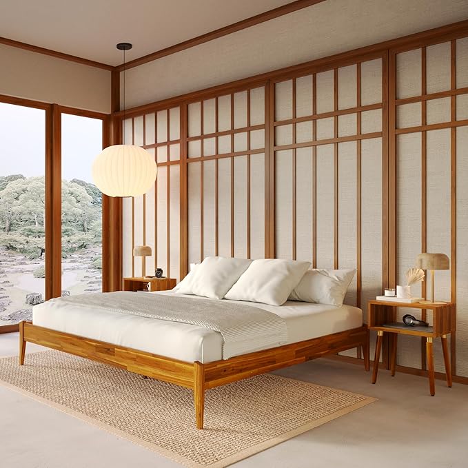 Bme Dinkee King Bed Frame Wood 15 Inch - Solid Wood Platform Bed Frame - Japanese Joinery Bed - Modern & Minimalist Style - Wood Slat Support - Easy Assembly - No Box Spring Needed - Caramel