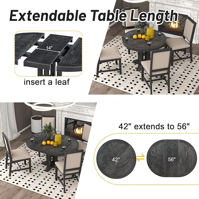 FULife Country Rustic Design Round Table with 14" Removable Leaf, Extendable Circular to Oval Solid Wood Tabletop with X-Shaped Trestle Legs, Space-Saving Kitchen-Tables for Dining/Living Room