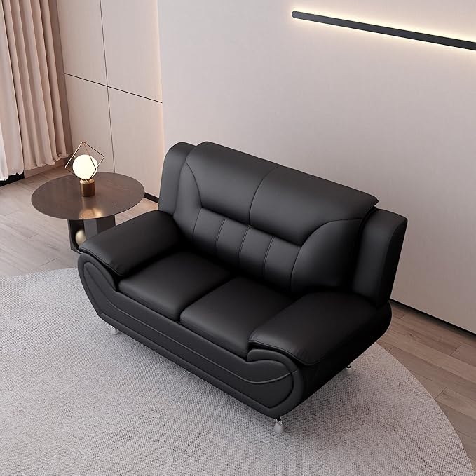 Container Furniture Direct Michael Modern Faux Leather Upholstered Stainless Steel Legs Living Room Sofa, Loveseat, Black